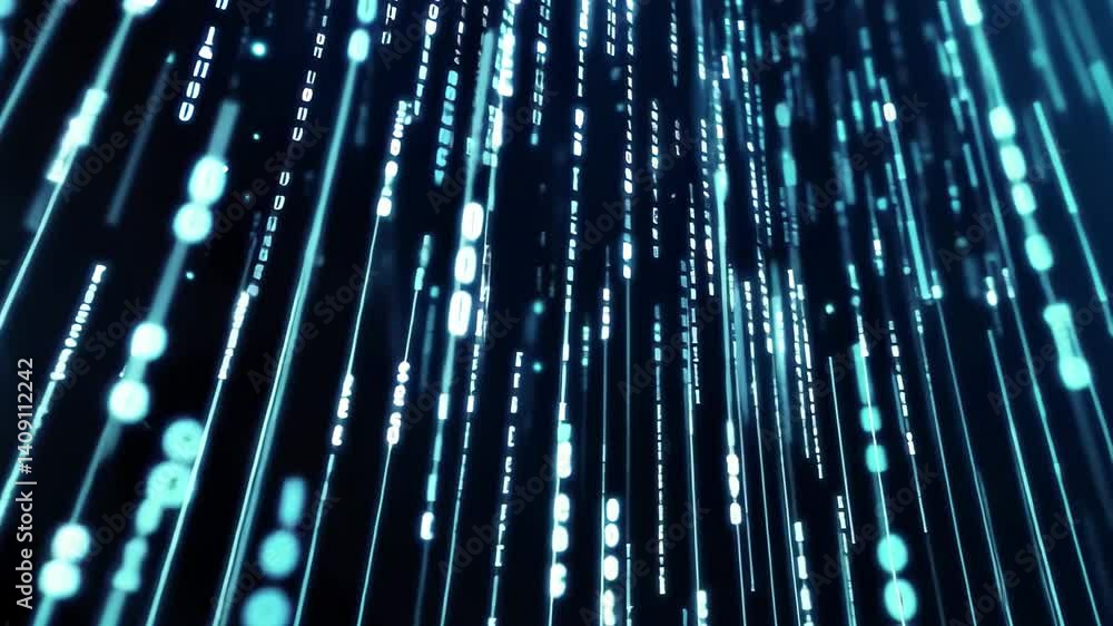 Poster Digital matrix background with cascading binary code in vibrant blue hues, Animated background in digital matrix style with cascade of blue binary numbers on black background