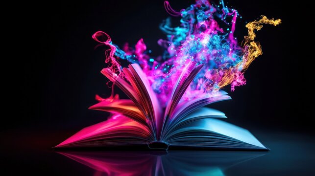 Open book with vibrant colorful magical smoke, studio shot