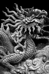 Black and white close up image of dragon sculpture made in  Chinese style