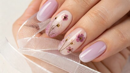 Pastel gradient nail art, Minimalist trendy style Elegant manicured nails with floral designs and ribbons.
