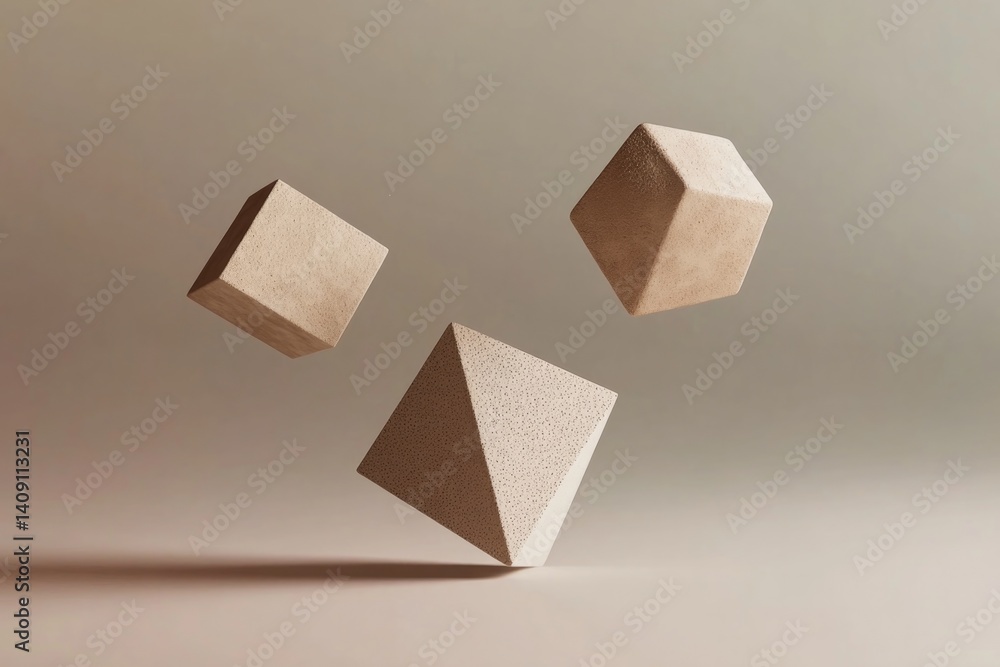 Poster floating geometric shapes create minimalist aesthetic with soft