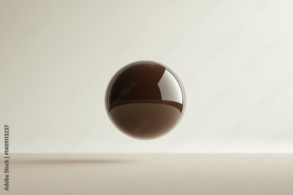 Poster floating brown sphere casts subtle reflections on minimalistic b