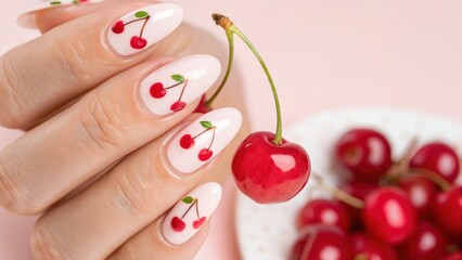 Pastel gradient nail art, Minimalist trendy style Nail art featuring cherry designs and fresh...