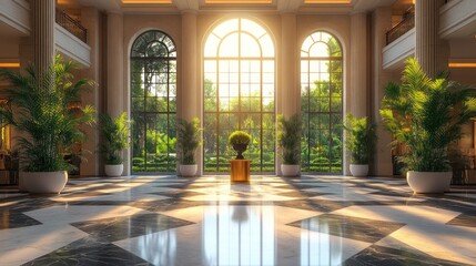 Sunlit Grandeur: A Luxurious Lobby bathed in Golden Hour Light