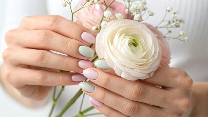 Pastel gradient nail art, Minimalist trendy style Elegant hands holding a delicate flower bouquet with soft pastel nails.