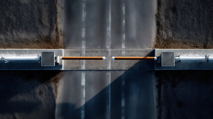 Aerial view of military checkpoint barrier casting shadow on road