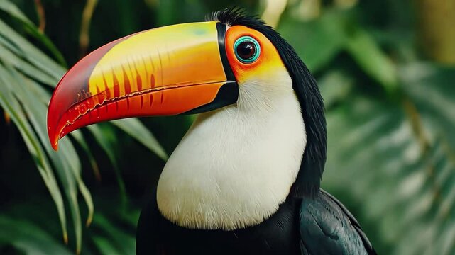 Exotic toco toucan perched amidst lush greenery in a vibrant natural habitat, Exotic toco toucan bird in natural setting and looking, movie