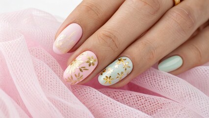 Pastel gradient nail art, Minimalist trendy style Elegant manicured nails adorned with floral designs and soft pastel colors against a delicate fabric backdrop.