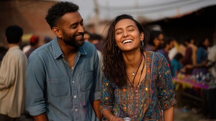 Naklejka premium Joyful young adults laughing together at outdoor market