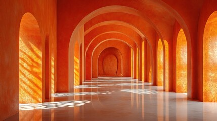 Obraz premium Sunlit Orange Archway Corridor: A Serene Architectural Masterpiece