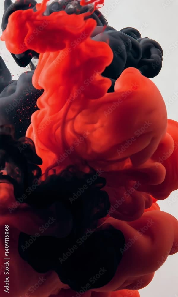 Poster a striking blend of black and coral ink clouds swirling together against a light background, creatin