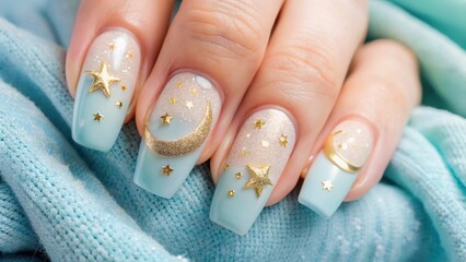 Pastel gradient nail art, Minimalist trendy style Elegant manicure featuring pastel blue nails adorned with stars and moon designs.