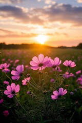 Fototapeta premium purple flowers in a field with the sun setting in the background