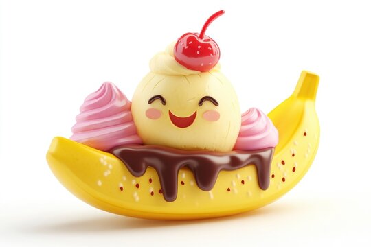 A happy cartoon banana split with vanilla ice cream, chocolate sauce, and pink whipped cream.
