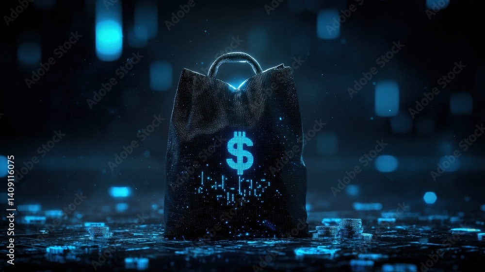 Poster cyber moneybag with blockchain code and cryptocurrency symbols, fintech and digital wealth represent