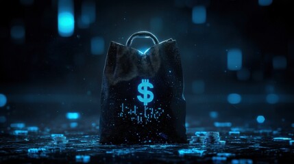 Cyber moneybag with blockchain code and cryptocurrency symbols, fintech and digital wealth representation.