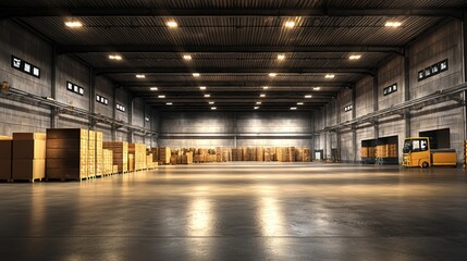 Wide indoor warehouse space, illuminated by overhead lights, filled with stacked cardboard boxes.  Empty floor area with a small electric forklift