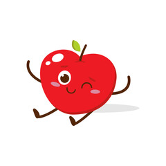Cute red apple cartoon character with winking eye, showing a Excited pose. Perfect for kids illustrations, healthy food designs, or educational materials. Isolated on white background with soft shadow