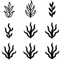 Collection of Black and White Seaweed or Coral Silhouettes
