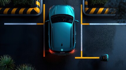 Elevated view of teal car parking in a marked lot at night