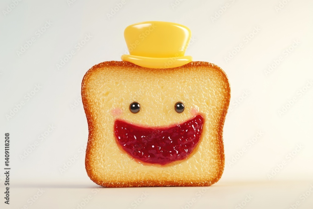 Poster a cheerful slice of toast with jam smile and butter hat.