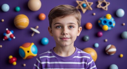 Naklejka premium Caucasian boy on purple theme toys and games space background young kid child portrait design template banner with copy space