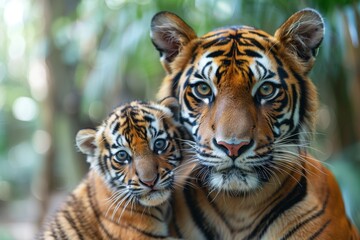 Obraz premium Majestic tiger and its playful cub relax together in lush green forest setting