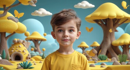 Caucasian boy on yellow theme cartoon fantasy world background young kid child portrait design template banner with copy space