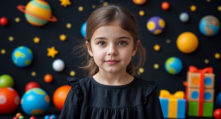 Naklejka premium Caucasian girl on black theme toys and games space background young kid child portrait design template banner with copy space