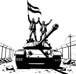 Philistriny Victory Tank Scene – Soldiers with Flag Silhouette Vector Art