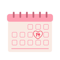 Flat illustration of a pink calendar with heart-marked February 14. Ideal for Valentine’s Day designs, romantic reminders, special events, holiday graphics, or love-themed creative projects.