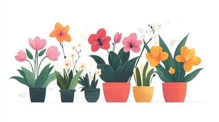 55.An artistic vector design of a group of colorful flower pots, featuring an assortment of blooms including tulips, orchids, and lilies, presented in a clean and crisp layout on a white canvas.