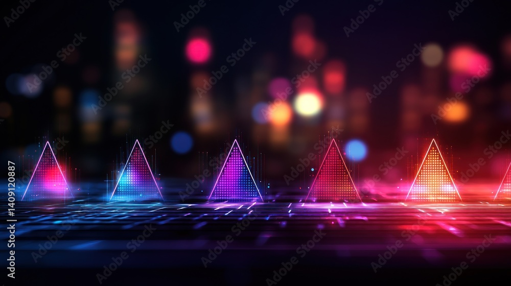 Canvas Prints neon triangles on futuristic keyboard, city lights bokeh background