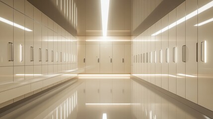 Obraz premium 31.A clean and modern locker room interior with sleek white cabinets arranged symmetrically, polished flooring reflecting the bright ambient lighting, and a minimalist design aesthetic.