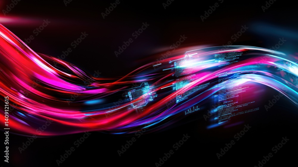 Wall mural abstract flowing vibrant waves with data overlay in dark background