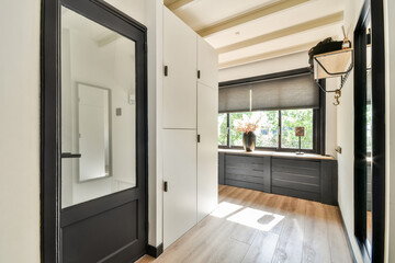 An elegant entryway featuring sleek lines, natural light, and minimalistic decor, blending functionality and aesthetic appeal in a contemporary home.