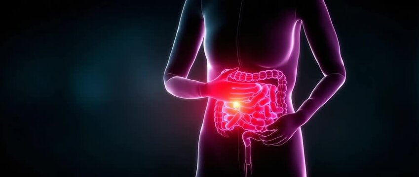 human body with intestines and stomach inflammation.  Illustration of gastritis displaying discomfort, nausea, and digestive issues