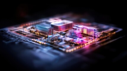 Obraz premium Cityscape miniature on circuit board, night view, futuristic tech