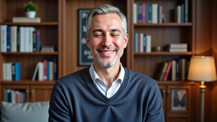 Experienced male school counselor with short gray hair wearing a navy sweater sitting in a cozy school counseling room with a welcoming atmosphere, looking calm and trustworthy