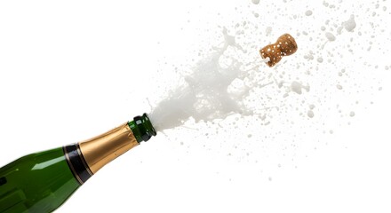 ai image capturing the explosive moment a champagne cork pops off the bottle, creating a dynamic splash against white background.