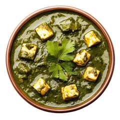 Indian Palak Paneer in a ceramic brown bowl. Asian food, Top view