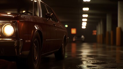 Vintage car in a dark, wet parking garage