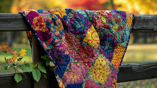 Colorful quilt over wooden fence surrounded by autumn foliage in a serene park setting, Colorful quilt draped over wooden fence in autumn scenery with vibrant leaves
