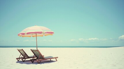A Cinematic Beach umbrella sand Scene Featuring A Pair Of Retro Striped Lounge Chairs Under A Vibrant Umbrella Sea