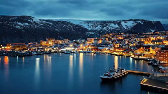 Nighttime view of Hammerfest city with lights reflecting on water in Finnmark, Norway, Hammerfest City, Finnmark, Norway