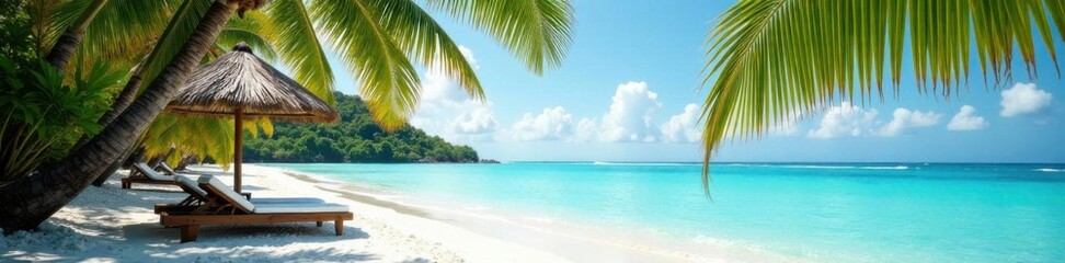 Fototapeta premium Seaside retreat under palm fronds and swaying palms in a tropical climate, palm, seaweed