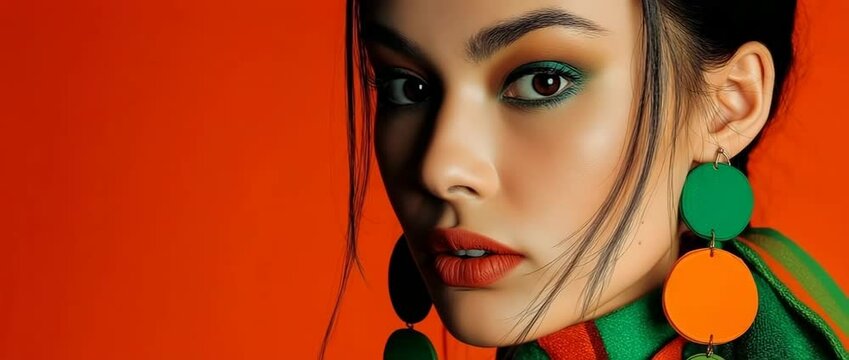 Gorgeous girl wearing jewels and earrings  Accessories and beauty.  Orange and neon combined with green
