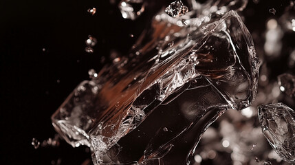 Macro shot of broken glass in slow motion, frozen in mid-air against a black background.
