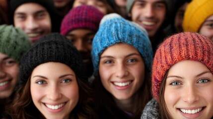 Obraz premium Happy crowd of people wearing winter hats, indoors, smiling for photo