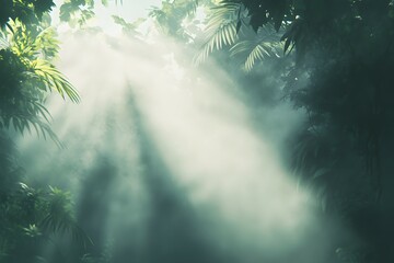 Naklejka premium Mysterious forest with sun rays and fog, filtered background.